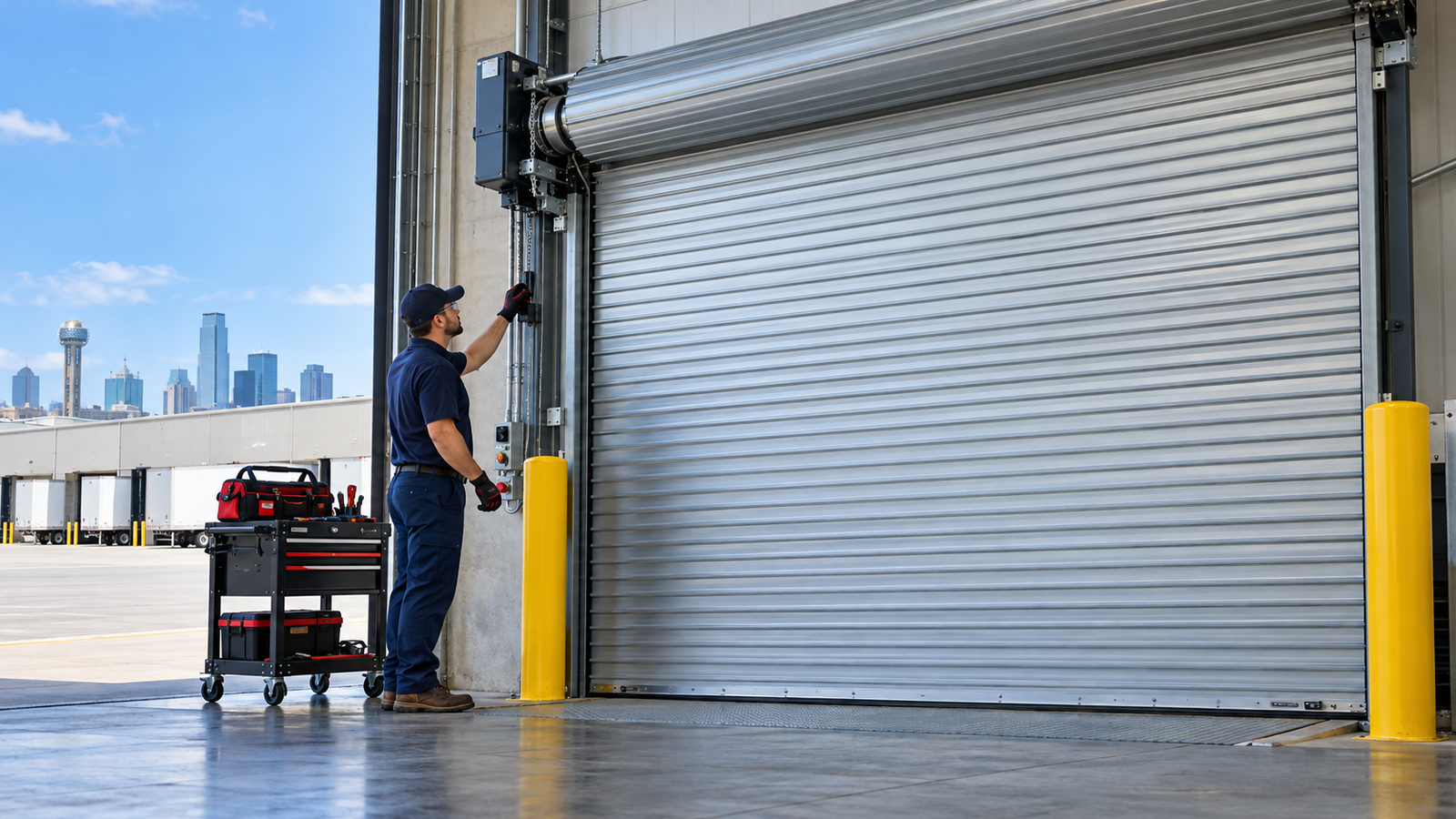 Illustration of a technician inspecting a commercial rolling steel door