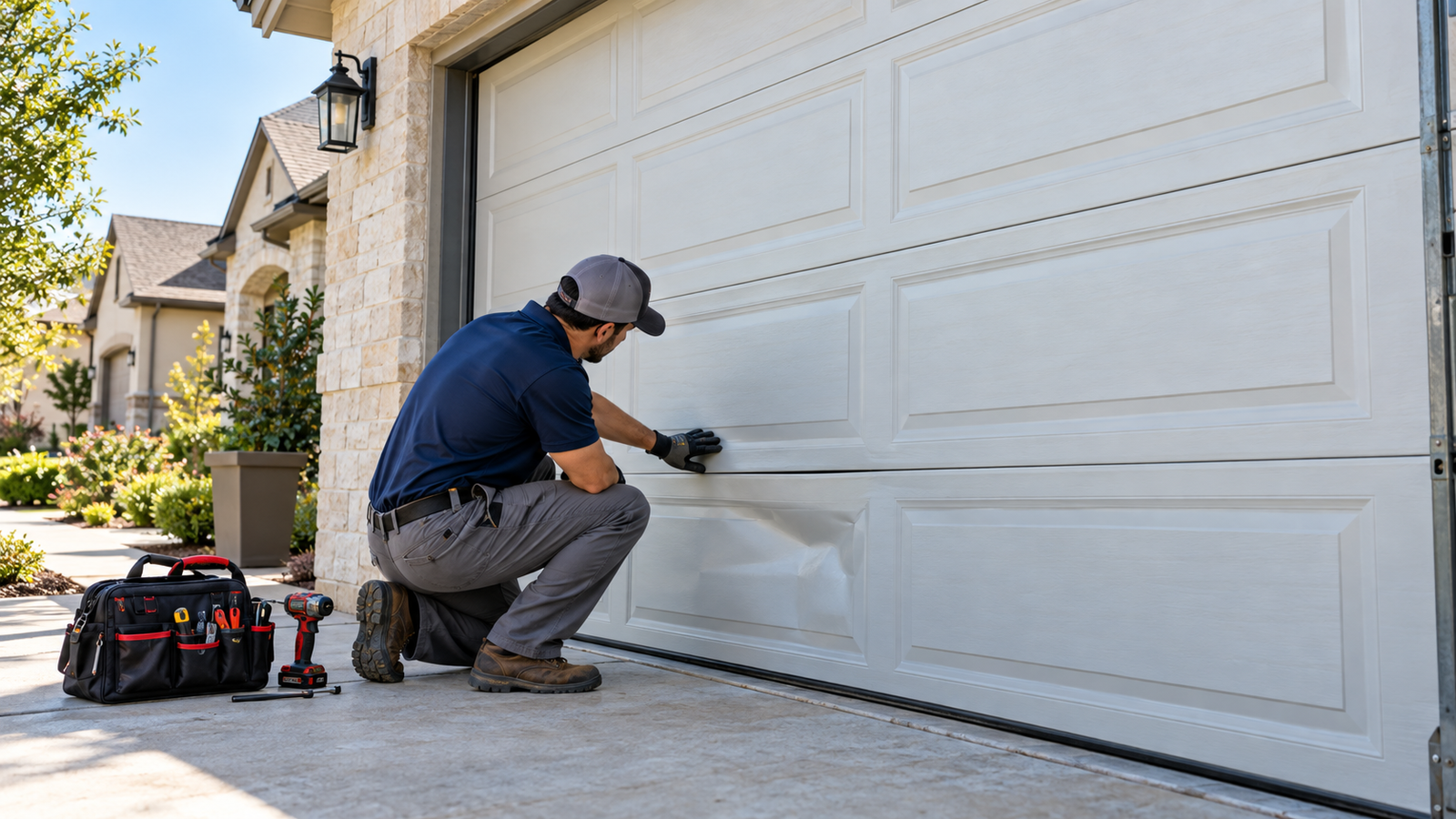 Illustration of a technician inspecting a damaged garage door panel