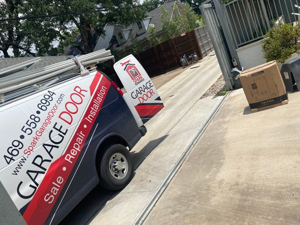 Spark Garage Door Repair service vehicle at a Dallas–Fort Worth job site